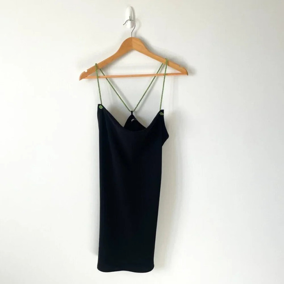 Zara Black Cowl Neck Mini Dress w/ Green Diamante Rhinestone Straps Sz Small - Picture 10 of 16